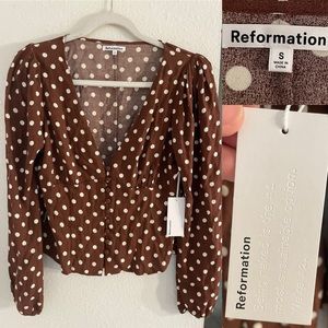 NWT Reformation brown white polka dot blouse
